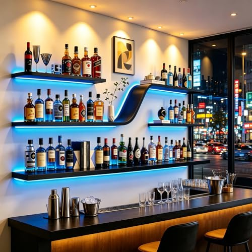 Pazcalie 120CM Wall Mounted Wine Rack with LED Light, Liquor Bottle Display Shelf, 3 Tier Metal Bar Shelves, Suitable for bars, cafes, restaurants (120 * 20 * 80cm)