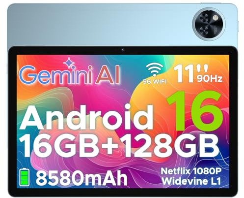 DOOGEETab U11 Android 16 Tablet 11 Pollici Gemini AI 16GB RAM +128GB ROM (2TB TF) 8580mAh, Unisoc T7200 Octa-Core 13MP+5MP Gaming Tablet PC WIFI 5/ GMS/ WidevineL1/GPS/Face ID/OTG/ 3.5mm Audio,Blu