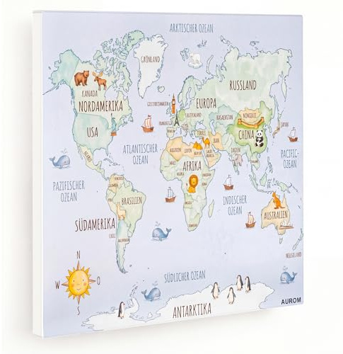 AUROM Bild-Infrarotheizung Weltkarte – 450 Watt, 60 × 60 cm | Direktdruck in Fotoqualität, made in Germany | randlos | Wand- & Deckenmontage | bis ca. 12 m² | 2,5 cm flach