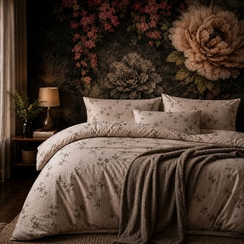 Bettwäsche 135x200 cm 4-teilig – Beige Bettbezug Schwarz Weißem Blumen und Zweigmuster – 2x Bettbezüge 135x200 + 2x Kissenbezüge 80x80 – Renforcé Baumwolle – Pflegeleicht Ganzjahresbettwäsche Cozy