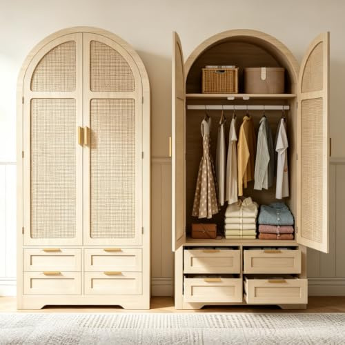 luckdect Armoire en Rotin à 2 Portes avec 4 Tiroirs,Garde-Robe et Étagères,3 Crochets,Dressing Rangement Placard,Style Bohème Bois,Casier Semi-Circulaire