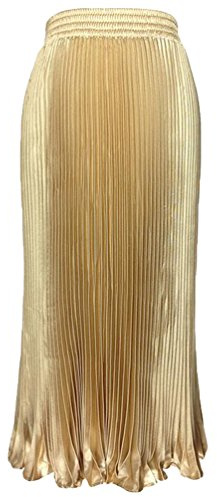 LvRao Damen Vintage Hohe Taille Kleid Faltenrock Plisseerock A-Linie Falten Lang Rock (#2 Gold, L)
