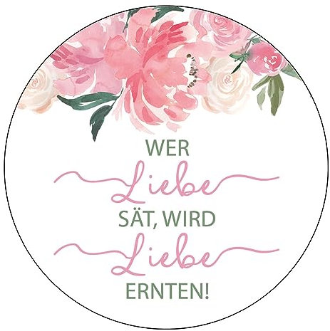 Schokoladenseite 48 x Aufkleber Blumensamen - Wer Liebe sät - 40 mm, Design Rosa 175417, Sticker geeignet für Hochzeit Gastgeschenk Taufe Kommunion Geburtstag Feste Geschenke