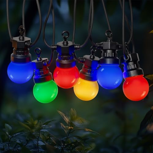 SKYLANTERN® Partylichterkette 10m Außen bunt – 10 E27 Glühbirnen (blau, rot, gelb, grün) – IP44 wetterfest – Romantische LED Lichterkette für Garten & Terrasse