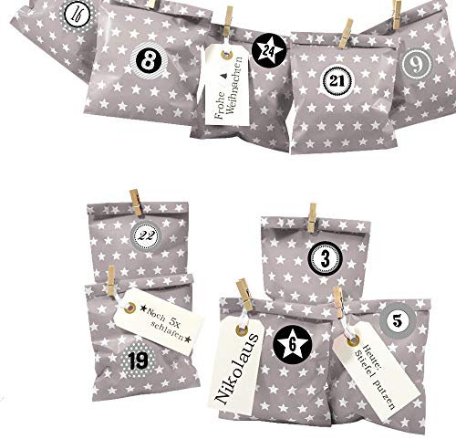 Frau WUNDERVoll® DIY Adventskalender zum Befüllen Bescherung: Set Stern 122, Papiertueten flach 13x16,5cm, Taupe Stern, Ziffern grau