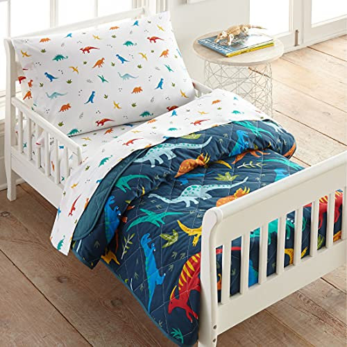 Wildkin 100% Cotton 4 Piece Toddler Bed-in-A-Bag, Bedding Set Includes Comforter, Flat Sheet, Fitted Sheet and Pillowcase, Certified Oeko-TEX Standard 100, BPA-Free, Olive Kids(Jurassic Giants)