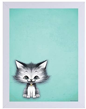 Silver Grey Kitsch Kitten White Wooden Mini-Poster gerahmt, 35 x 45 cm