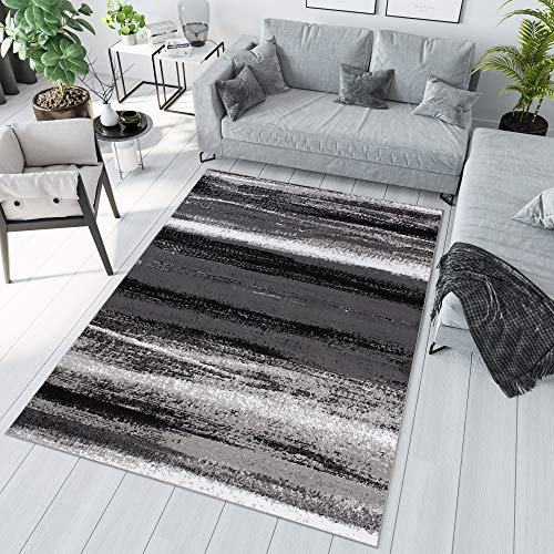 TAPISO Maya Teppich Kurzflor Modern Grau Creme Schwarz Verwischt Streifen Design Meliert Wohnzimmer Schlafzimmer ÖKOTEX 80 x 150 cm