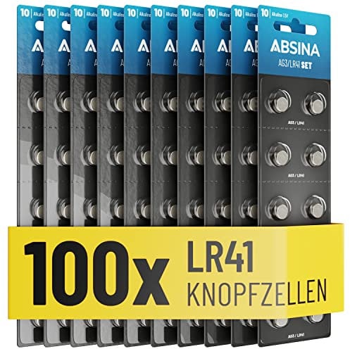 ABSINA 100x Pile LR41 AG3 - Batterie LR41 bottone 1,5V Alcaline a prova di perdite e longevoli - LR736 / L736 / G3 / G3A / 3GA / 192 / GP192 / V3GA / RW87 - Batteria LR41 per termometro, batteria AG3