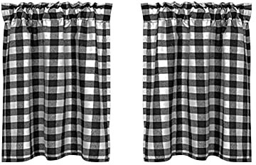 PcsFix Lot de 2 rideaux de cuisine et de café à carreaux de buffle pour salle de bain et cuisine, 68,1 x 90,9 cm (noir et blanc)