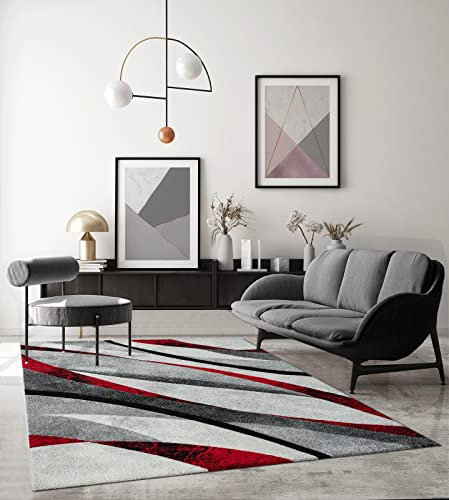 the carpet Monde Moderner Designer Wohnzimmer Teppich, Weicher Kurzflor, Hoch Tief Effekt, handgearbeiteter Konturenschnitt, 3D, Vintage, Wellen Muster, Grau-Rot, 80 x 150 cm