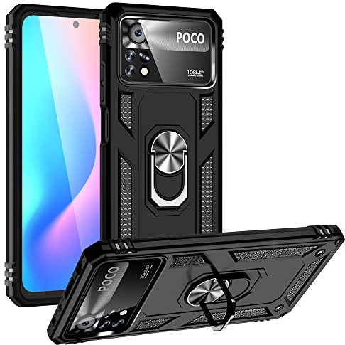 Coque pour Xiaomi Poco X4 Pro 5G Housse Antichoc avec Anneau Rotatif Aimant 360 Degrés Etui Magnétique Rigide Dure Armure Bague Support Renforcée (Xiaomi Poco X4 Pro 5G, Noir)