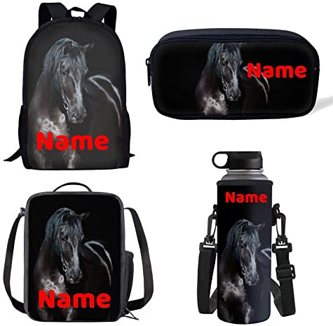 Belidome Juego de mochila escolar, estuche para almuerzo, soporte para botellas para niños, 4 unidades, Caballo con nombre, Taille unique
