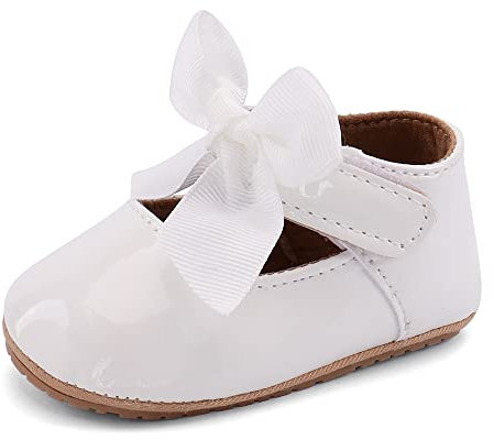 LACOFIA Scarpe da Primi Passi Bimba Scarpe Battesimo Bambina Scarpe Eleganti Neonata Antiscivolo Bowknot Bianco 12-18 Mesi