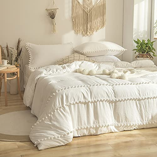 Herside Set di biancheria da letto matrimoniale bianco, stile bohémien, con pompon e frange, in morbida microfibra, set di biancheria da letto shabby chic con 2 federe (bianco, matrimoniale)
