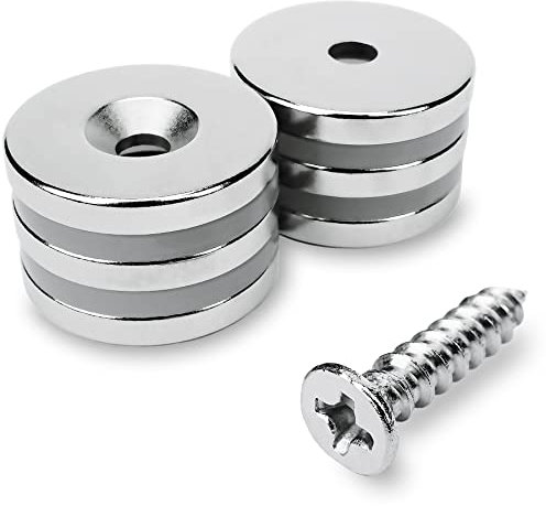 Sensei 6 pezzi Magnete con foro svasato al neodimio 20x3 mm con foro per vite, capacità di carico di 4,5 kg + 6 viti incluse nella confezione