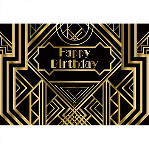 Aoihrraan 4,5x3m Alles Gute Geburtstag Hintergrund Großartiges Schwarz Goldenes Banner Mit Geometrischem Rahmen Fotografie Hintergrund Männer Frauen Jahrestag Geburtstag Party Kuchen Tisch Foto