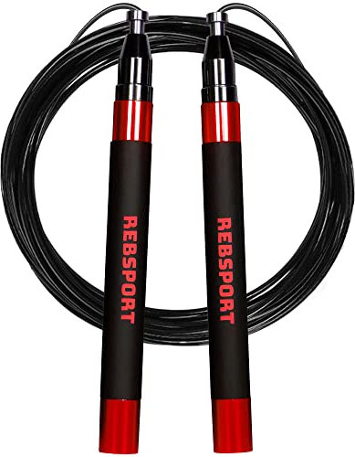 Corde à sauter professionnelle de Crossfit REBSPORT réglable et autobloquant avec poignets en cadeau et 2 câbles en acier de 2,5 mm idéal pour double under (rouge)