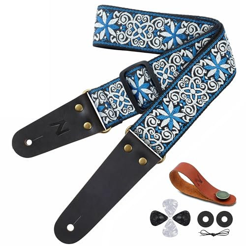Nefelibata Gitarrengurt, bestickte Baumwollgitarrengurte mit Echtlederenden für Bass-, Elektro- & Akustikgitarren, mit kostenlosem Gurtknopf, 1 Paar Gurtschlössern und 4 Gitarrenplektren