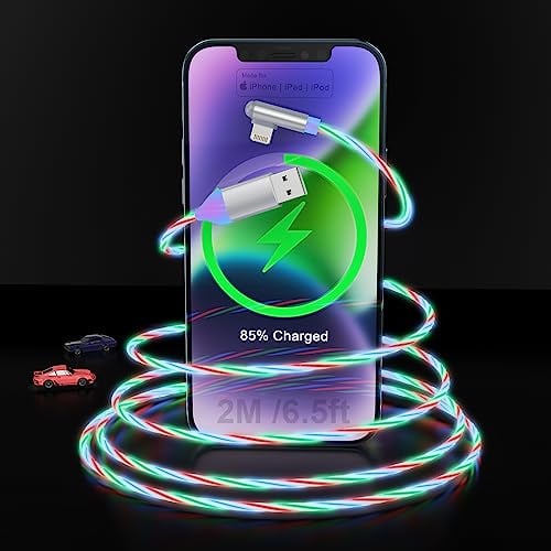Quanlex LED Light Up Flowing iPhone Charging Cable Flat Lightning Charge Cord [MFi Certified ] Fast Charge&Sync Data Glowing Apple Charger Adapter for Car with 14/13/12 Pro Max/11 Pro/XR/X/8（6FT ）