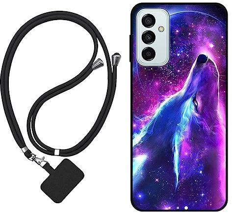 Sunrive Hülle Kompatibel mit Samsung Galaxy M13 Case,matt Handyhülle Schutzhülle Etui TPU Backcover (Wolf,Mond,Sterne) +1x Universale Handykette