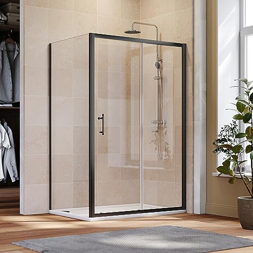 ELEGANT 1200x700mm Black Sliding Shower Enclosure 6mm Tempered Glass Shower Cubicle Door + Side Panel