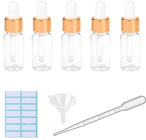 Transparente Tropfflaschen, 10 ml, Kunststoff, für ätherische Öle, nachfüllbar, mit gemessener Pipette, Trichter und Etiketten (weiß + goldfarbene Kappe), 5 Stück