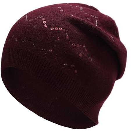 ZLYC Damen Strickmütze Slouchy Beanie Mütze Weich Winter Stretch Skull Cap(Wellige Pailletten Burgund)