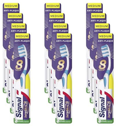 SIGNAL Brosse à Dents Intégrale 8 Soin Complet Medium Lot de 12 | Protection caries, Action anti-plaque, Soin blancheur, Haleine fraîche, Nettoyage interdentaire, Précision