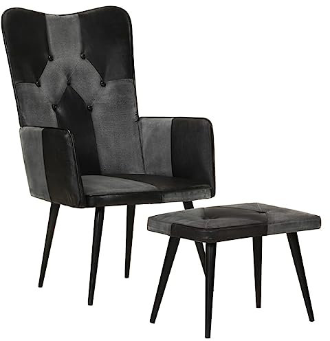 DYRJDJWIDHW Sessel,stillsessel,schaukelstuhl Wohnzimmer,Sessel mit Hocker Schwarz Echtleder und Canvaspapasansessel,relaxliege,Rocking Chair,stillstuhl,
