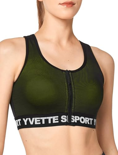 Yvette Sport BH Damen Mesh Kontrastierender Frontreißverschluss Starker Halt Ringerrücken Große Brüste für Lauf Joggen Reiten, Grün,L