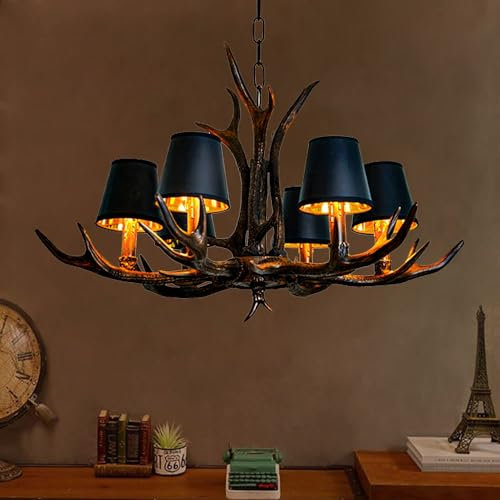 JOJOM Kronleuchter im Traditionellen Landhausstil 6 Lichter E14 Geweih Hängelampe Industriestil Kronleuchter Harz Schwarzer Eisen Lampenschirm Pendelleuchte Höhenverstellbarer Hängeleuchte Esszimmer