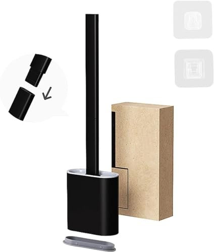 Klobürste Silikon, WC Bürste Silikon mit Schnelltrocknendem Halter, Toilettenbürste Wandmontage & Stehen, Toilet Brush Langer Griff für Badezimmer und Toilette (schwarz)