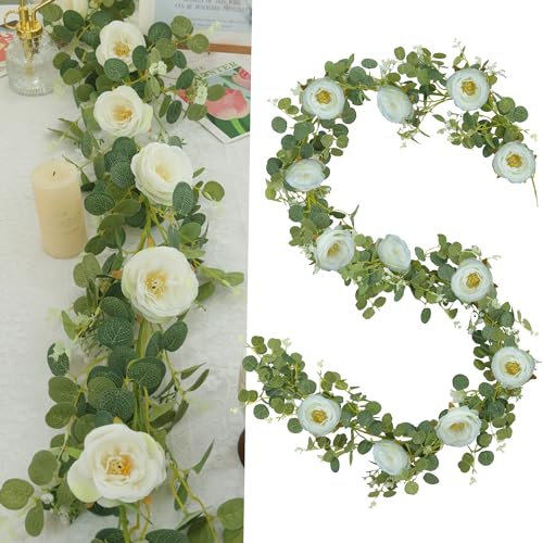 Trimgrace Künstliche Eukalyptus-Girlande mit weißen Kamelien, künstliche grüne Eukalyptusblätter, Kamelienrebe für Hochzeit, Hintergrund, Tischläufer, Tafelaufsatz, DIY-Kranz-Dekoration, 18 m