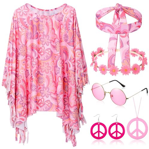 HICARER 6 Stück 70er Jahre Outfit Damen Hippie Kostüm Set inklusive Hippie Poncho Peace Halskette und Ohrringe Stirnband Sonnenbrillen 60er 70er Jahre Flower Power Karneval Kostüm