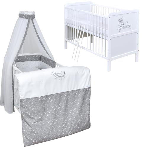 Babybett Komplett Set Max Prince 60x120 weiß Kinderbett umbaubar zum Juniorbett inkl. Bettwäsche Set Komplett (Sweet Dreams)