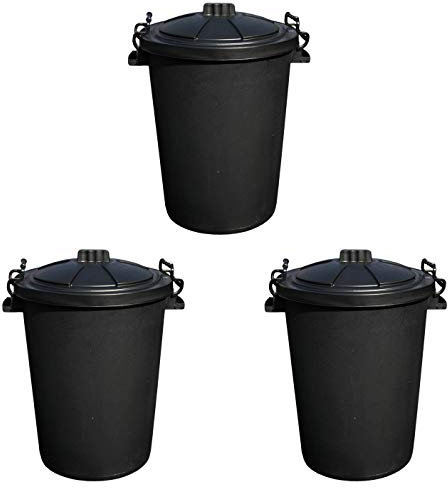 CHPL (SET OF 3 - Heavy Duty Plastic 50L Clip Lock Lid Bin Dustbin Animal Feed Storage Unit, Trash Can Waste Rubbish Bin For Home, Kitchen & Garden - BLACK