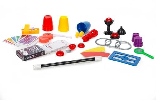 Kinder Zauberkasten Set 40 Teile, , 52 Zauberkarten für über 15 Tricks, mit Zauberstab, Seil, Würfel, Ringe, 3 Bechern mit Bällen etc.,inkl. QR-Code Demo-Video