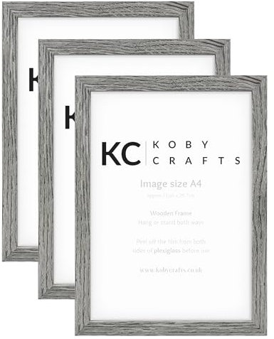 Koby Crafts Pack of 3 Grey Wood Effect Picture Frames for A4 Images 21x29.7cm | Wooden Photo Frames | Tabletop or Wall Mount, Free Stand or Hang Portrait/Landscape | Posters Certificates