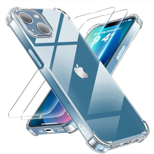 Tentoki 3 in 1 für panzerglas und hülle iPhone 13,[Nie Vergilbung] schutzfolie iPhone 13 TPU handyhülle Schlanke Stoßfeste Anti Kratzt Transparent