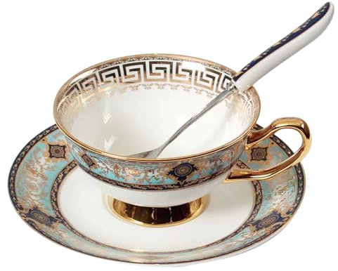 ZFQ Ensemble de tasse et soucoupes en porcelaine anglaise avec cuillères, 250ml, tasses à thé, tasses à café, pour la maison, les restaurants, les présentoirs et les cadeaux de vacances (Bleu)