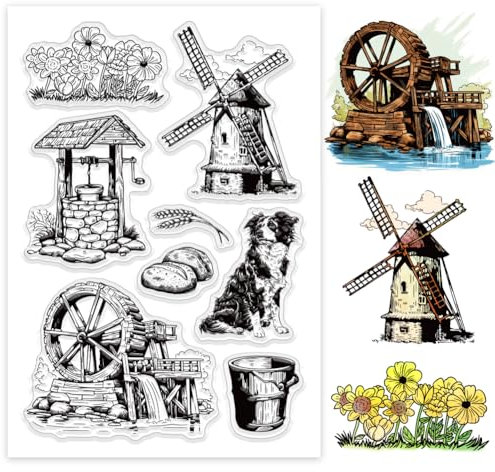 GLOBLELAND Transparente Stempel mit Blumenbusch, Border Collie, Windmühle, Brunnen und Wasserrad, Silikon, transparent, für Bastelarbeiten, Scrapbooking, Karten, Fotoalbum