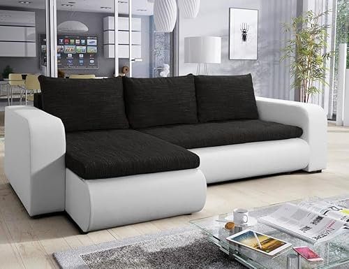Easy4You Brooklyn Schwarz und Weiß Kunstleder Ecksofa L-Form 245 cm mit Schlaffunktion und Stauraum - Schlafsofa mit Bettkasten - Moderne Wohnzimmermöbel – Stoff: Lawa 06/Soft 17