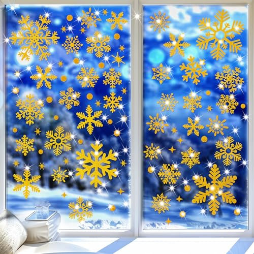 GEEHUA 162 Stück Schneeflocke Weihnachtsdeko, Glitzernde Fenster Weihnachten Deko Fensterbilder WeihnachtenSelbstklebend Weihnachten Deko Fensterdeko Weihnachts für Zuhause Glas Weihnachtsfeier(Gold)