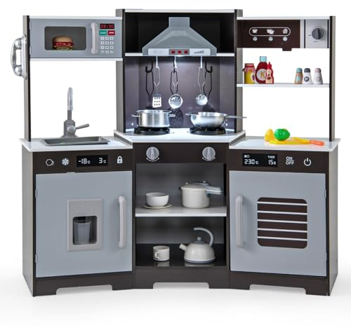 DREAMADE Eck Spielküche Kinderküche Holz mit Zubehör, Holzküche Eckküche mit Herd Spüle Mikrowelle Kaffeemaschine Ofen, Kinder Küche mit Licht und Sound für Kinder ab 3 Jahren (Braun)