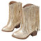 Stivali da bambina a metà polpaccio, punta a punta, stivali da cowboy, scarpe da equitazione western, con nappe e paillettes, tacco basso, per autunno inverno, feste, in pelle, alla moda, Oro, 32 EU