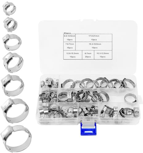 QWORK® 85 Piezas Abrazaderas de Manguera de Oreja Simple, Abrazaderas de Tubo de Acero Inoxidable Ajustables de 7-21 mm, Abrazaderas de tubería de Combustible