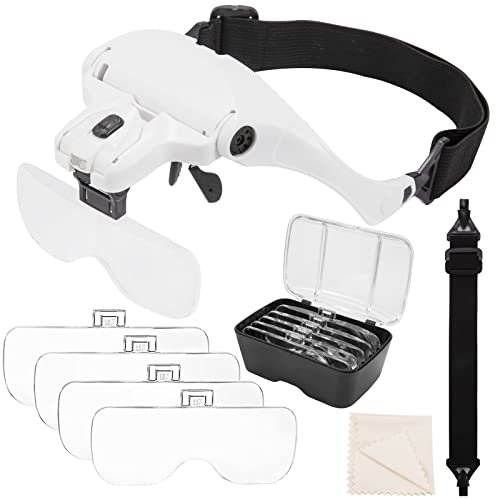 Tunejoy Lente Ingrandimento con Luce Occhiali Ingrandimento Montata Sulla Testa per riparazione di orologi lavori di gioielleria con 5 Lenti (1.0X a 3.5X)