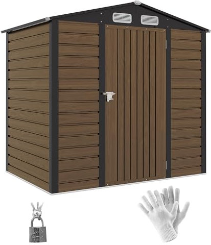 Outsunny Abri de jardin en métal 2,27 m², facile à monter, structure en acier galvanisé améliorée, abri à outils extérieur, toiture 2 pans avec aérations, gants et cadenas inclus, 190x131x188cm, chêne
