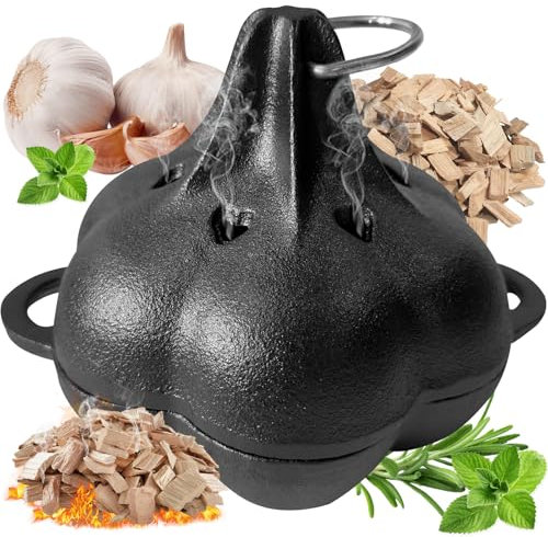 JULYSVE Cast Iron Smoker Box & Garlic Roaster, Pre-Seasoned Dual Use for Gas Grill/Pellet Grill/Charcoal Grill & Oven, Wood Chip Smoker Box with Airflow Holes Vegetable Roaster, Potato & Brie Baker